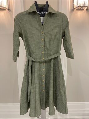 Olive Green Button-Front Midi Shirt Dress with Waist Tie